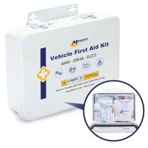 mfasco vehicle first aid kit - compact metal kit - portable & mountable - safety kit for commercial vehicles & workplace - dot ansi osha compliant - includes 112 pcs work essential first aid supplies
