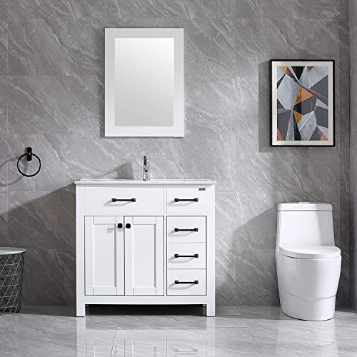 wonline 36" Bathroom Vanity and Sink Combo Cabinet Undermount Ceramic Vessel Sink Chrome Faucet Drain with Mirror Vanities Set