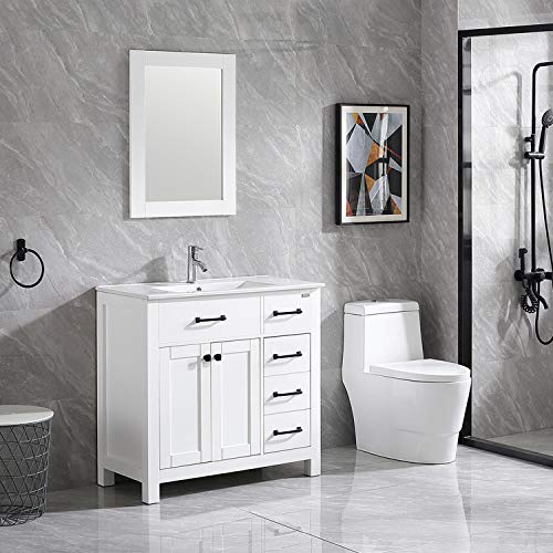 wonline 36" Bathroom Vanity and Sink Combo Cabinet Undermount Ceramic Vessel Sink Chrome Faucet Drain with Mirror Vanities Set