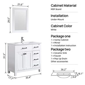 wonline 36" Bathroom Vanity and Sink Combo Cabinet Undermount Ceramic Vessel Sink Chrome Faucet Drain with Mirror Vanities Set