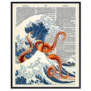 Japanese Kanagawa Wave Octopus Dictionary Wall Art Decor - Retro 8x10 Upcycled Home Decoration for Office, Apartment, Beach House, Living Room, Bedroom, Bathroom - Gift for Steampunk, Goth, Ocean Fans