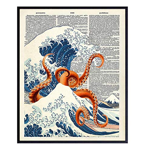 Japanese Kanagawa Wave Octopus Dictionary Wall Art Decor - Retro 8x10 Upcycled Home Decoration for Office, Apartment, Beach House, Living Room, Bedroom, Bathroom - Gift for Steampunk, Goth, Ocean Fans