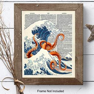 Japanese Kanagawa Wave Octopus Dictionary Wall Art Decor - Retro 8x10 Upcycled Home Decoration for Office, Apartment, Beach House, Living Room, Bedroom, Bathroom - Gift for Steampunk, Goth, Ocean Fans