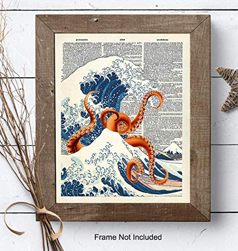 Japanese Kanagawa Wave Octopus Dictionary Wall Art Decor - Retro 8x10 Upcycled Home Decoration for Office, Apartment, Beach House, Living Room, Bedroom, Bathroom - Gift for Steampunk, Goth, Ocean Fans