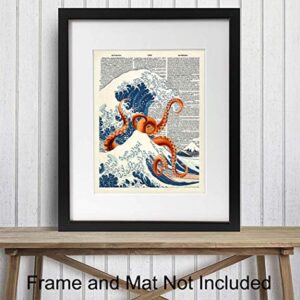 Japanese Kanagawa Wave Octopus Dictionary Wall Art Decor - Retro 8x10 Upcycled Home Decoration for Office, Apartment, Beach House, Living Room, Bedroom, Bathroom - Gift for Steampunk, Goth, Ocean Fans