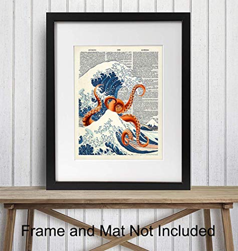 Japanese Kanagawa Wave Octopus Dictionary Wall Art Decor - Retro 8x10 Upcycled Home Decoration for Office, Apartment, Beach House, Living Room, Bedroom, Bathroom - Gift for Steampunk, Goth, Ocean Fans