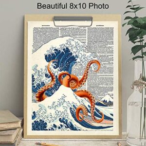 Japanese Kanagawa Wave Octopus Dictionary Wall Art Decor - Retro 8x10 Upcycled Home Decoration for Office, Apartment, Beach House, Living Room, Bedroom, Bathroom - Gift for Steampunk, Goth, Ocean Fans