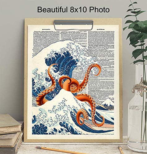 Japanese Kanagawa Wave Octopus Dictionary Wall Art Decor - Retro 8x10 Upcycled Home Decoration for Office, Apartment, Beach House, Living Room, Bedroom, Bathroom - Gift for Steampunk, Goth, Ocean Fans