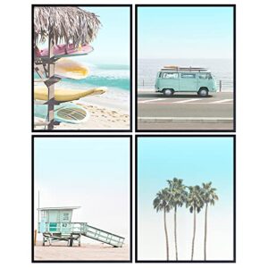 beach art print set - tropical palm trees, surfing 8x10 wall art posters - unique home decor for lake or ocean house, bathroom, bedroom, living room, office - gift for surfers - nautical photo poster