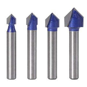 yakamoz industrial grade 1/4-inch shank 90 degree v groove router bit set cnc engraving v grooving bit cutter for 3d signmaking lettering carving woodworking tool, cutting dia. 1/4", 5/16", 3/8", 1/2"