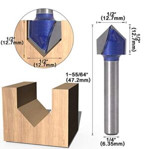 Yakamoz Industrial Grade 1/4-Inch Shank 90 Degree V Groove Router Bit Set CNC Engraving V Grooving Bit Cutter for 3D Signmaking Lettering Carving Woodworking Tool, Cutting Dia. 1/4", 5/16", 3/8", 1/2"