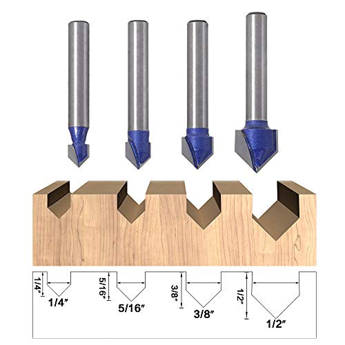 Yakamoz Industrial Grade 1/4-Inch Shank 90 Degree V Groove Router Bit Set CNC Engraving V Grooving Bit Cutter for 3D Signmaking Lettering Carving Woodworking Tool, Cutting Dia. 1/4", 5/16", 3/8", 1/2"