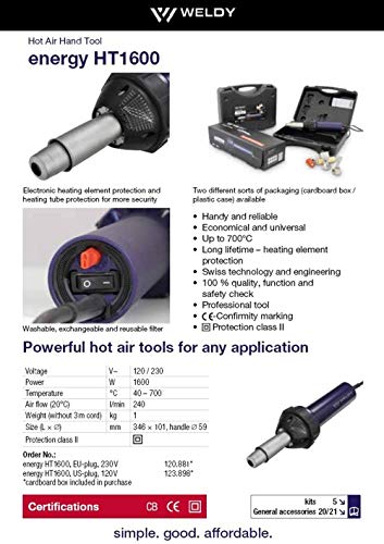 Weldy 1600W Professional Hot Air Equipment Hot Blast Torch Overlap Air Welding Gun Welder Pistol Tool Hot Air Gun, 120V and Flat Nozzle, Perfect for Welding Tpo Roofing Membrane, DIY Tool