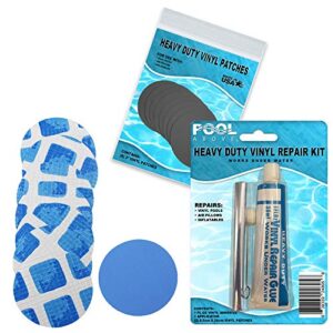 underwater pool repair kit for frame set and easy set pool | vinyl glue and reinforced patch material to match your pool | blue and white pool liner patch kit