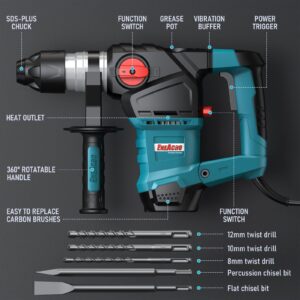 ENEACRO 1-1/4 Inch SDS-Plus 12.5 Amp Heavy Duty Rotary Hammer Drill, Safety Clutch 3 Functions with Vibration Control Including Grease, Chisels and Drill Bits with Case