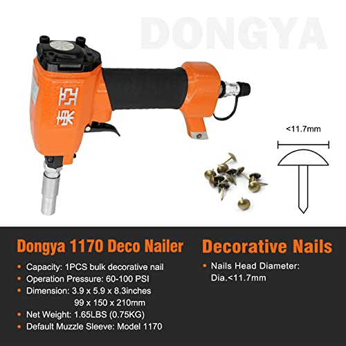 Dongya 1170 Pneumatic Decorative Nailer, Diameter 29/64'' (11.7mm), Air Power Upholstery Tacks Nail Gun, Finish Nailer Thumbtacks Tool For Furniture(1170 Deco Nailer)