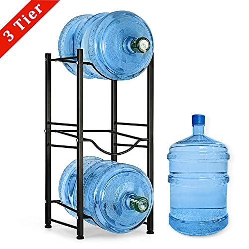 Water Cooler Jug Rack 5 Gallon Water Bottle Holder Storage Shelf 3 Tier Heavy Duty Stackable Water Cabinet Dispenser Organizer for Home Office, Black