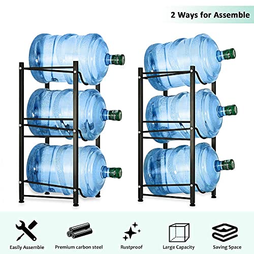 Water Cooler Jug Rack 5 Gallon Water Bottle Holder Storage Shelf 3 Tier Heavy Duty Stackable Water Cabinet Dispenser Organizer for Home Office, Black