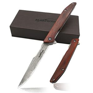 albatross edc thin vg10 damascus camping folding pocket knife; 3.5" damascus blade, 4.5" yellow sandalwood handle,gifts box/collections (hgdk025)