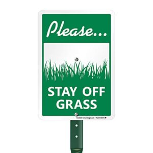 SmartSign 10 x 7 inch “Please Stay Off Grass” Yard Sign and Stake Kit, 40 mil Laminated Rustproof Aluminum, Black/Red on White, Set of 1