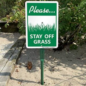 SmartSign 10 x 7 inch “Please Stay Off Grass” Yard Sign and Stake Kit, 40 mil Laminated Rustproof Aluminum, Black/Red on White, Set of 1