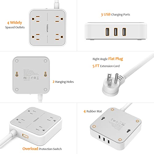 Power Strip with 3 USB Ports, TESSAN 5 ft Extension Cord Flat Plug with 4 Outlets, Indoor Desk Charging Station, Mountable Compact for Travel, Cruise Ship, Office, School, Dorm Room Essentials Gray