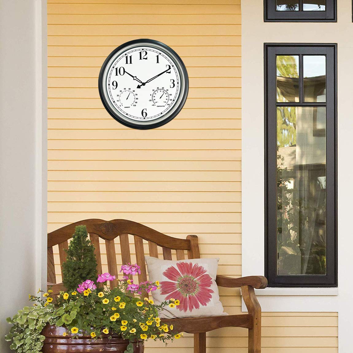 Rsobl 16 Inch Large Indoor Outdoor Wall Clock,Waterproof Non-Ticking Clock with Thermometer and Hygrometer Combo,Battery Operated Clock Wall Decorative- Silver