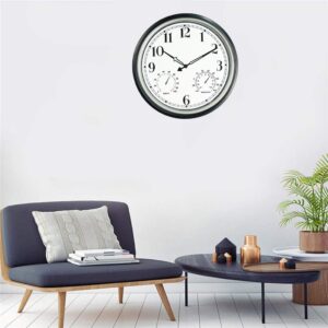 Rsobl 16 Inch Large Indoor Outdoor Wall Clock,Waterproof Non-Ticking Clock with Thermometer and Hygrometer Combo,Battery Operated Clock Wall Decorative- Silver
