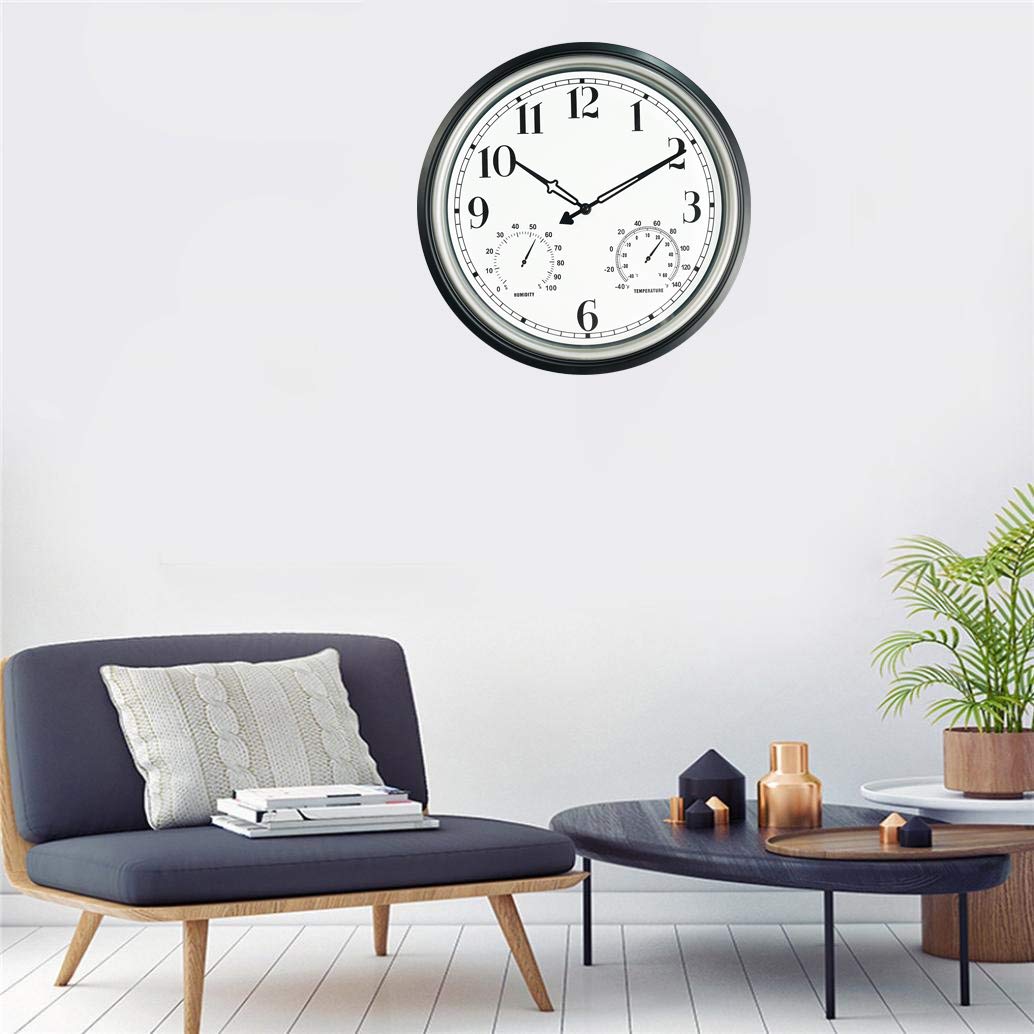 Rsobl 16 Inch Large Indoor Outdoor Wall Clock,Waterproof Non-Ticking Clock with Thermometer and Hygrometer Combo,Battery Operated Clock Wall Decorative- Silver