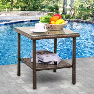 outdoor pe wicker side table - patio rattan garden coffee end square table with glass top-2-layer table furniture,mix brown
