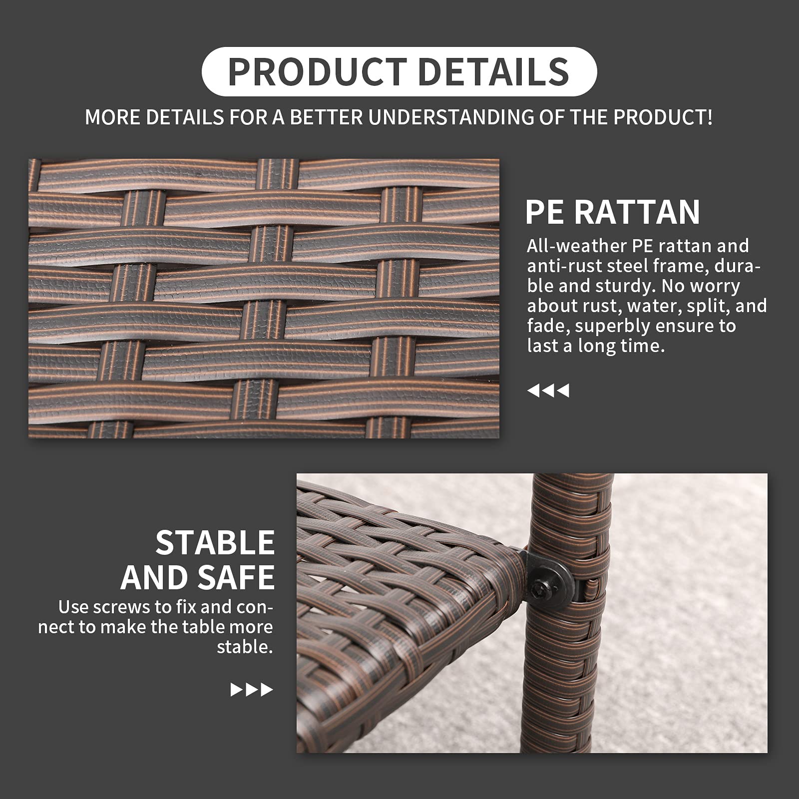 Outdoor PE Wicker Side Table - Patio Rattan Garden Coffee End Square Table with Glass Top-2-layer Table Furniture,Mix Brown