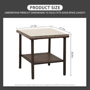 Outdoor PE Wicker Side Table - Patio Rattan Garden Coffee End Square Table with Glass Top-2-layer Table Furniture,Mix Brown