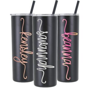 20 oz stainless steel skinny tumbler with personalized swirl name decal in opal or chrome vinyl by avito - includes straw and lid - bridesmaid, bachelorette, bridal party gifts, mother's day gift