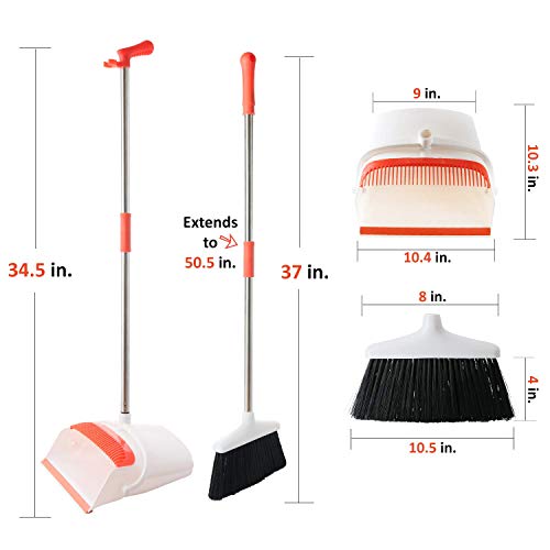 Broom and Dustpan Set - Strongest NO MORE TEARS 80% Heavier Duty - Upright Standing Dust Pan with Extendable Broomstick for Easy Sweeping - Easy Assembly Great Use for Home Kitchen Room Office Lobby