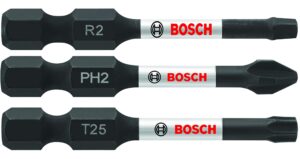 bosch itv203 3-piece 2 in. impact tough screwdriving power bits mixed set including ph2, sq2, t25 bits