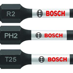 BOSCH ITV203 3-Piece 2 In. Impact Tough Screwdriving Power Bits Mixed Set Including PH2, SQ2, T25 Bits