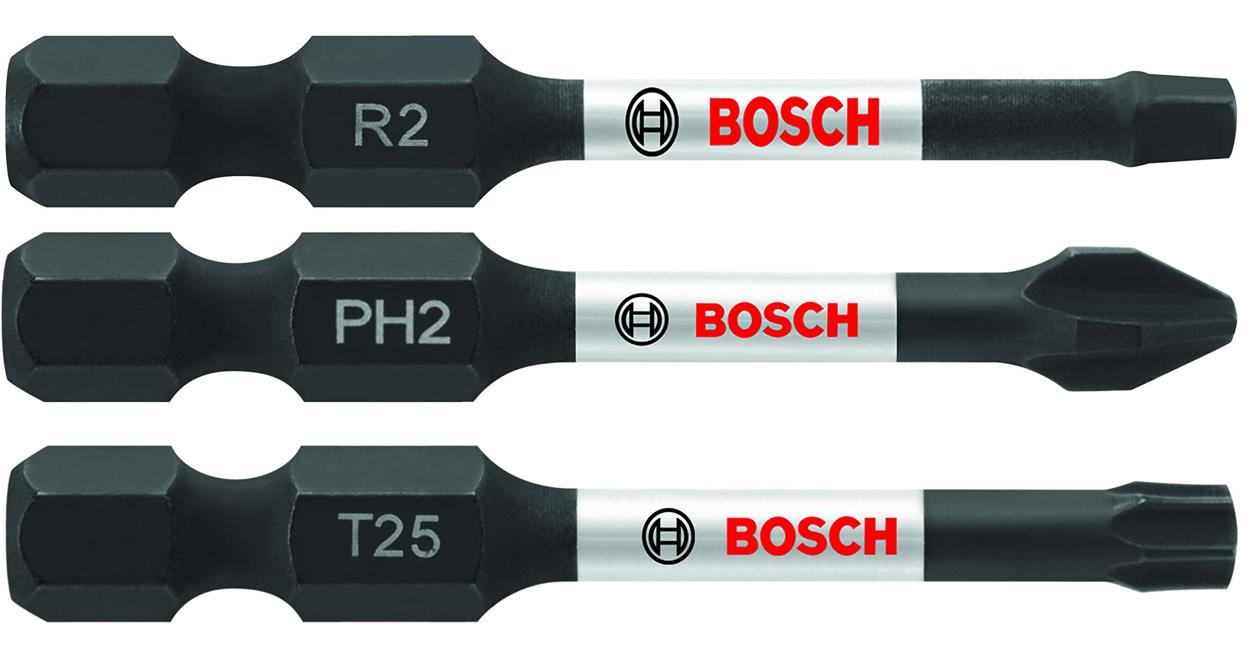 BOSCH ITV203 3-Piece 2 In. Impact Tough Screwdriving Power Bits Mixed Set Including PH2, SQ2, T25 Bits