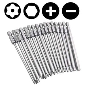 Yakamoz 16Pcs 4-in-1 Multi Long Magnetic Screwdriver Bit Set with 1/4" Hex Shank Drill Screw Driver Bits Power Tools Kit (Hex Head Allen Wrench, Torx Security, Cross Phillips & Flat Head Slotted Tip)
