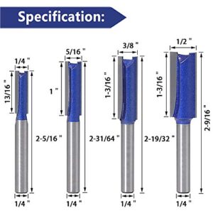 Wolfride 4pcs Straight Cut Router Bits 1/4-Inch Shank Double Flute Straight Router bit Set