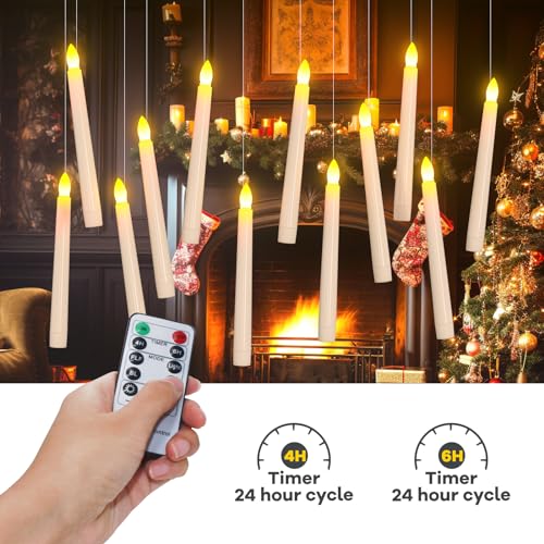 PChero Flameless Candles with Remote Timer, 7.9" Ivory Battery Operated LED Taper Dripless Floating Flickering Candles for Wedding Halloween Thanksgiving Christmas Themed Party Valentines Decorations