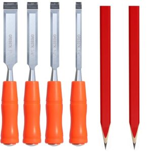 GREBSTK 4 Piece Professional Wood Chisel Set with 2 Pencil for Woodworking, CR-V Steel Chisel Woodworking Chisel Sets