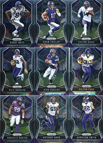 2019 Panini Prizm Football Minnesota Vikings Veteran Team Set of 9 Cards: Adam Thielen(#124), Stefon Diggs(#125), Kyle Rudolph(#126), Kirk Cousins(#127), Dalvin Cook(#128), Danielle Hunter(#129), Anthony Barr(#130), Harrison Smith(#131), Randy Moss(#294)