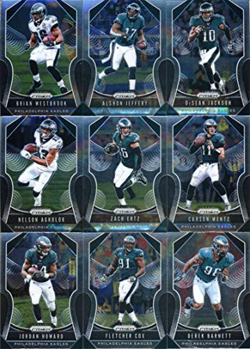 2019 Panini Prizm Football Philadelphia Eagles Veteran Team Set of 9 Cards: Brian Westbrook(#50), Alshon Jeffery(#51), DeSean Jackson(#52), Nelson Agholor(#53), Zach Ertz(#54), Carson Wentz(#55), Jordan Howard(#57), Fletcher Cox(#58), Derek Barnett(#59)