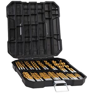 metric 99 pieces titanium twist drill bit set, 135° tip high speed steel, size from 1.5mm up to 10mm, ideal drilling in wood/cast iron/aluminum alloy/plastic/fiberglass, with hard storage