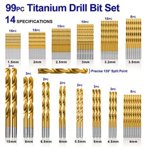 Metric 99 Pieces Titanium Twist Drill Bit Set, 135° Tip High Speed Steel, Size from 1.5mm up to 10mm, Ideal Drilling in Wood/Cast Iron/Aluminum Alloy/Plastic/Fiberglass, with Hard Storage