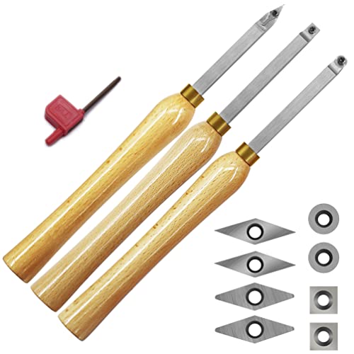 Mini Carbide Tipped Wood Lathe Turning tools Combo set Rougher Detailer Finisher with Wood Handle and Diamond Round Square Carbide Inserts，3pcs