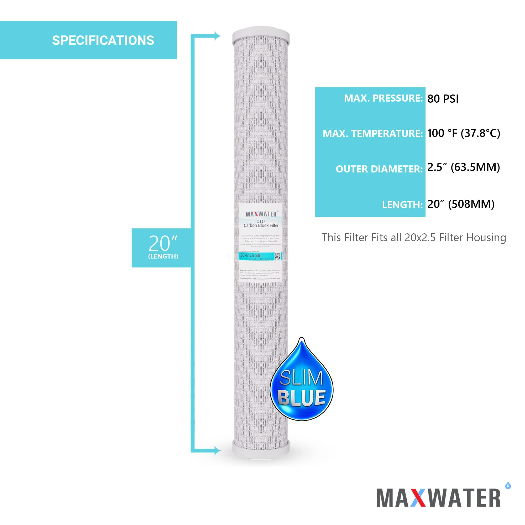 16 Pack 20" x 2.5" Carbon Block Water Filter Whole House Reverse Osmosis CTO Carbon 5 Micron compatible with 20" Slim Blue Whole House Water Filtration Systems