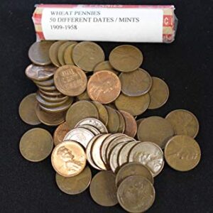 Roll Lincoln Wheat Back Cents - 50 Coins - Date Range 1909 to 1958 - All Different Coins - Some Mint Marks - No Duplicates - Some Better Grades