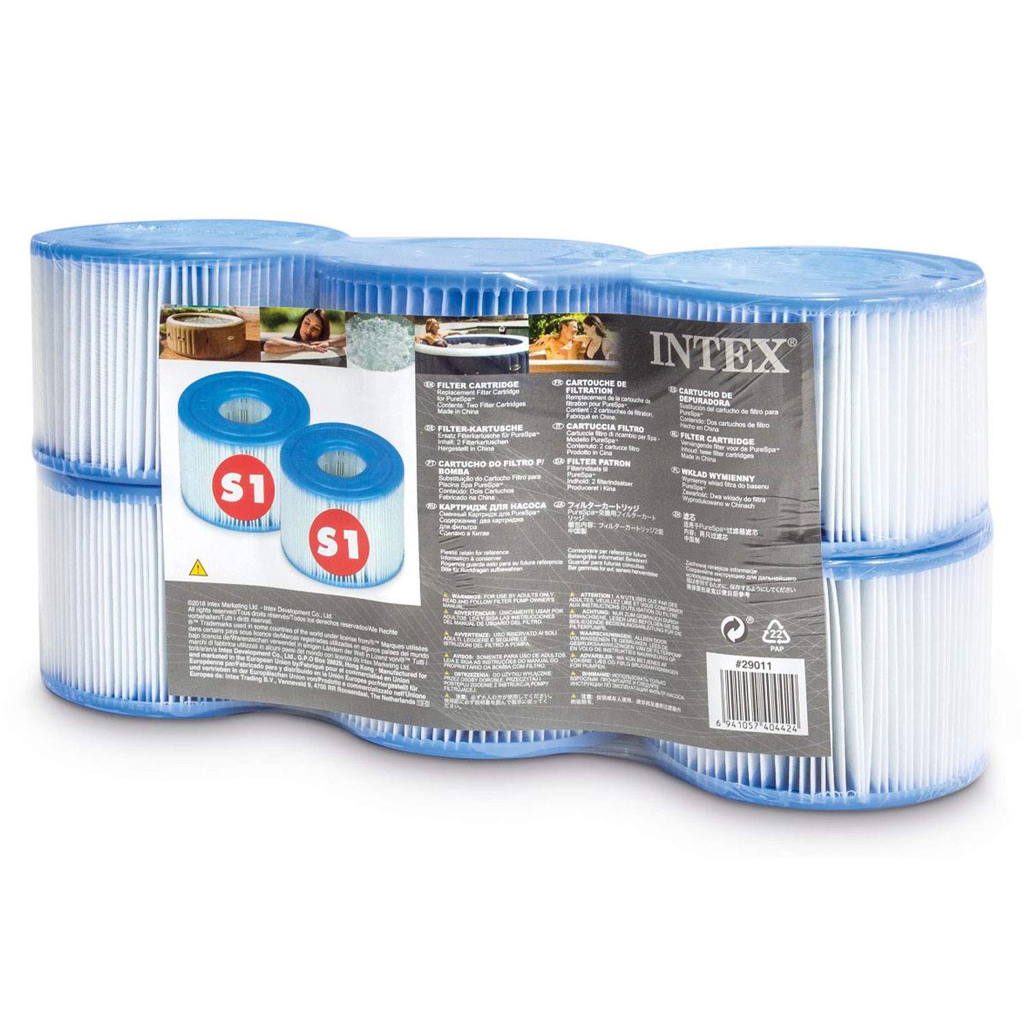 Intex 29011E Type S1 PureSpa Easy Set Pool Spa Hot Tub Filter Replacement Cartridges (Pack of 6), Blue and White