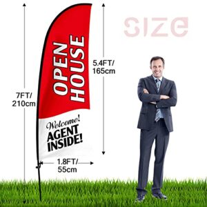 QSUM Open House Flag for Real Estate Agents, Open House Signs with Pole Kit/Ground Stake, Windless Open Banner for Business/Advertising/Open House Events (Red)